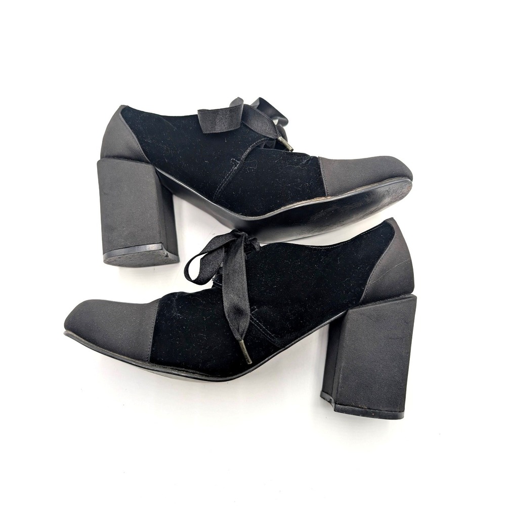 Unlisted 9 Black Velvet Satin Ribbon Lace Up Block Heel Pumps Round Toe Vintage